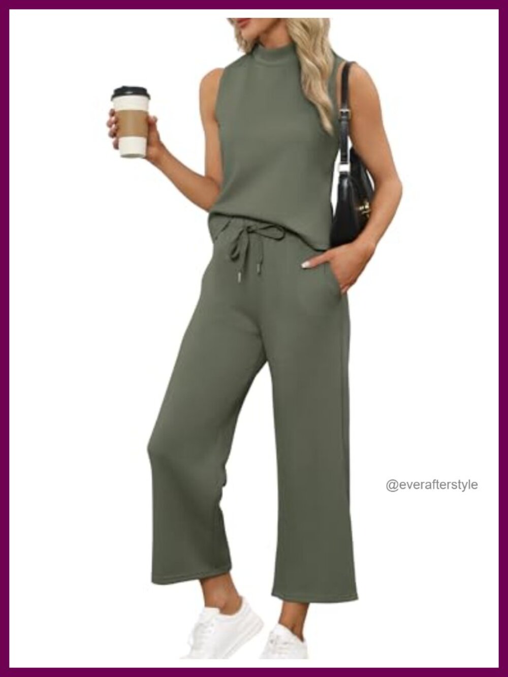 Two Piece Set Mock Neck Sleeveless Top Wide Leg Crop Pants Lounge Vacat
